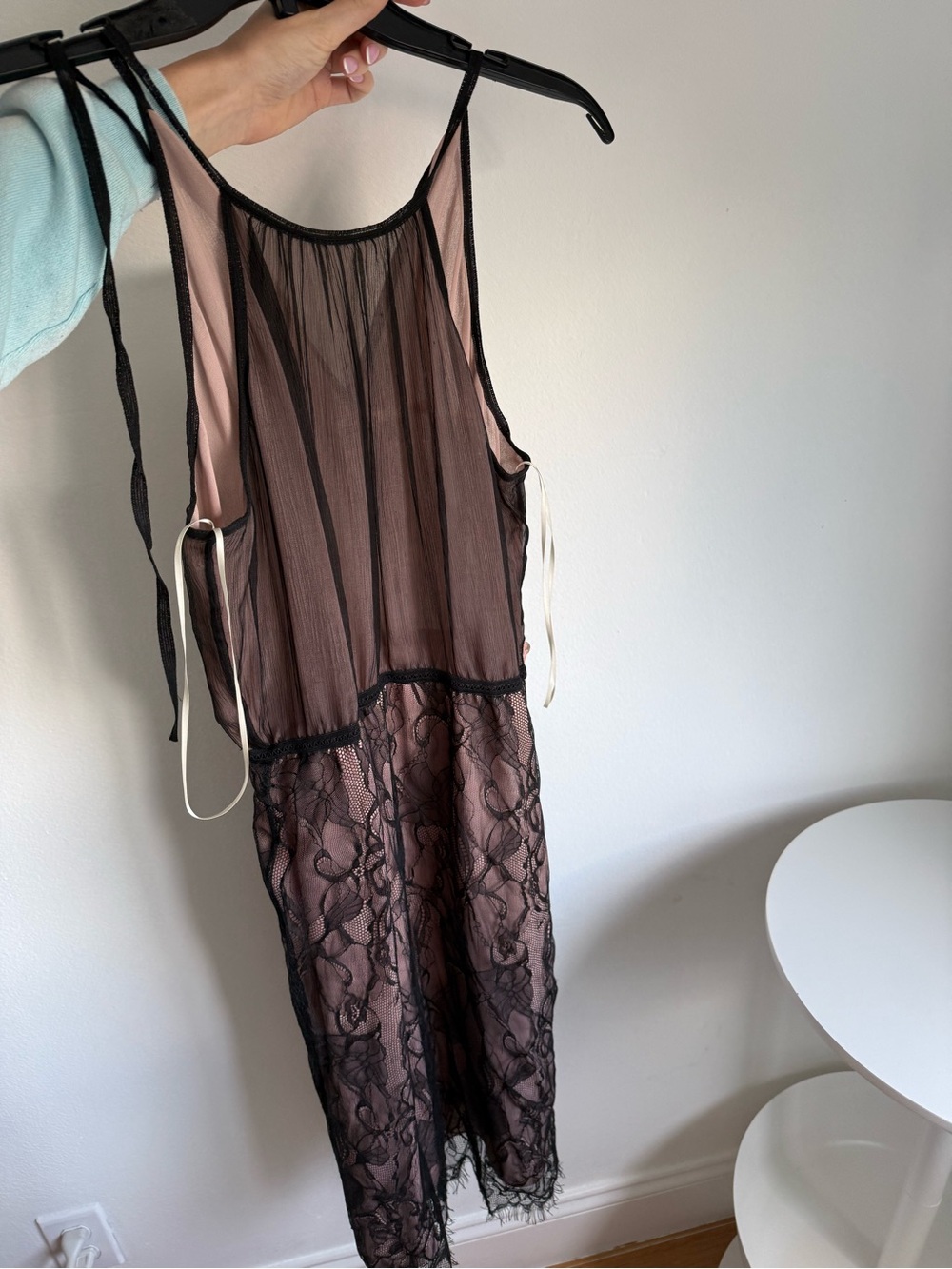 Sheer Black Lace Overlay Midi Dress with Blush Slip
